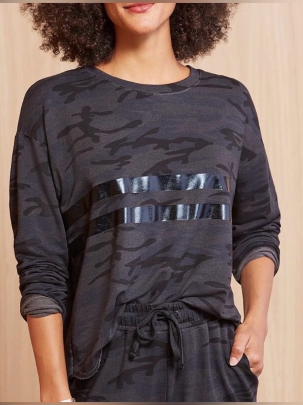 SUNDRY For Evereve Black Camo Stripe Pullover 3/L - Picture 1 of 7